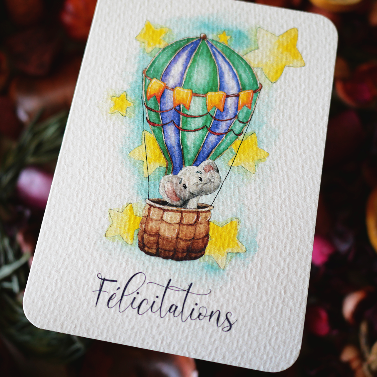 Carte Montgolfière éléphant "Félicitations" IMPARFAIT