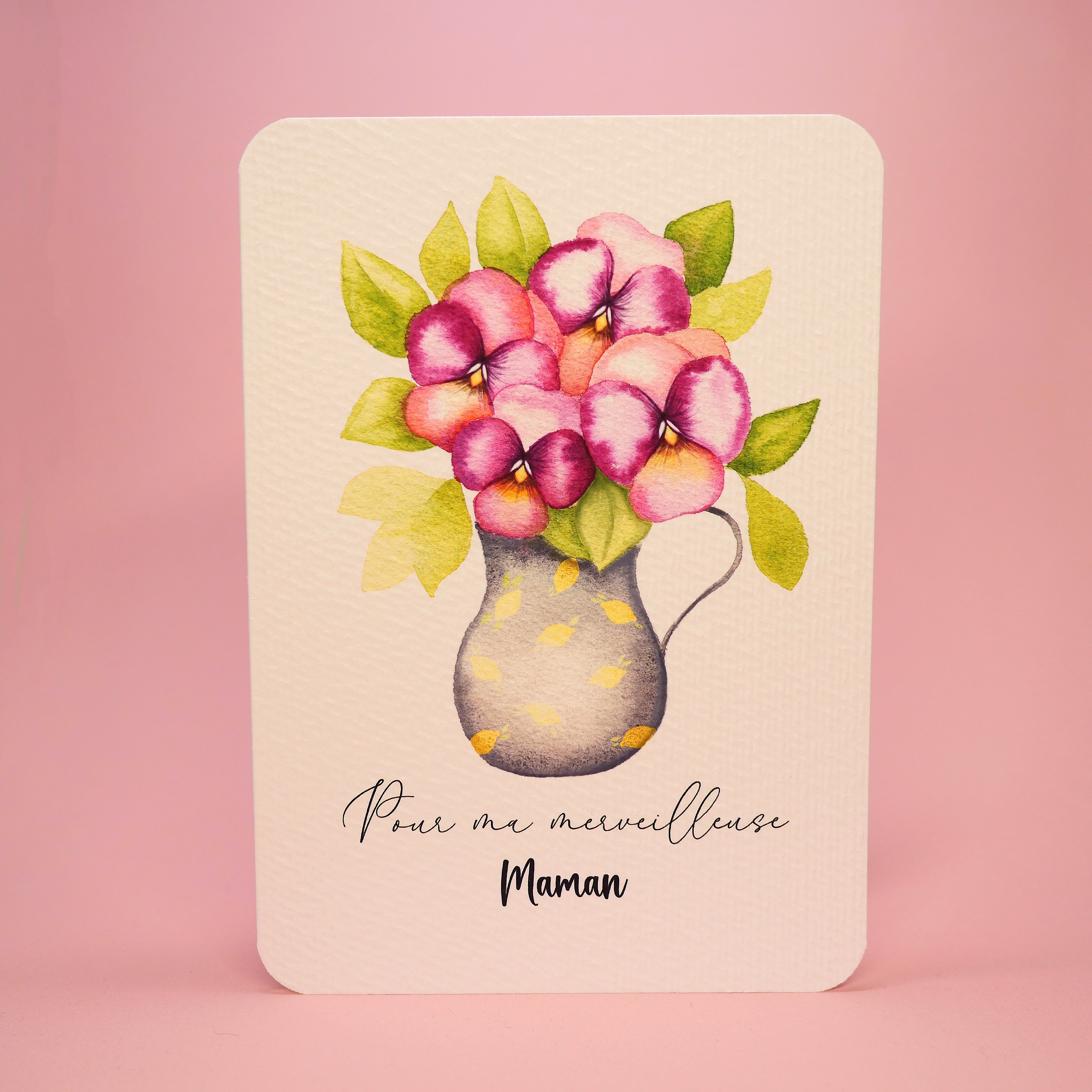 Carte vase de pensées "Pour ma merveilleuse Maman"