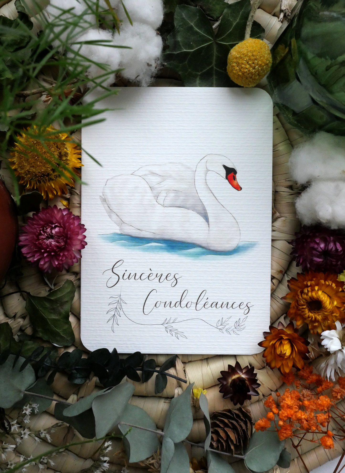 Carte Cygne "Sincères Condoléances"