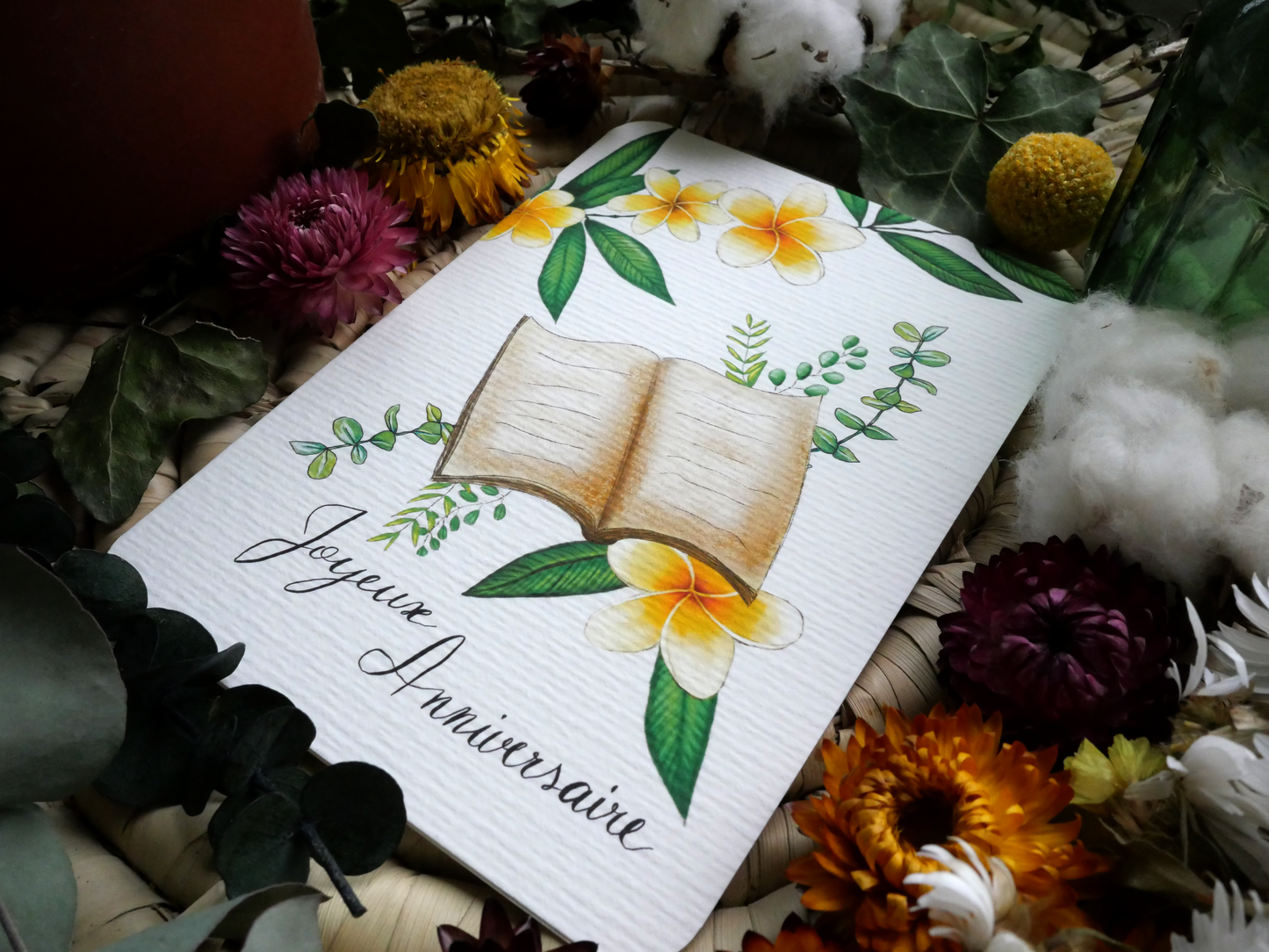 Carte Livre Fleur de frangipanier "Joyeux Anniversaire"