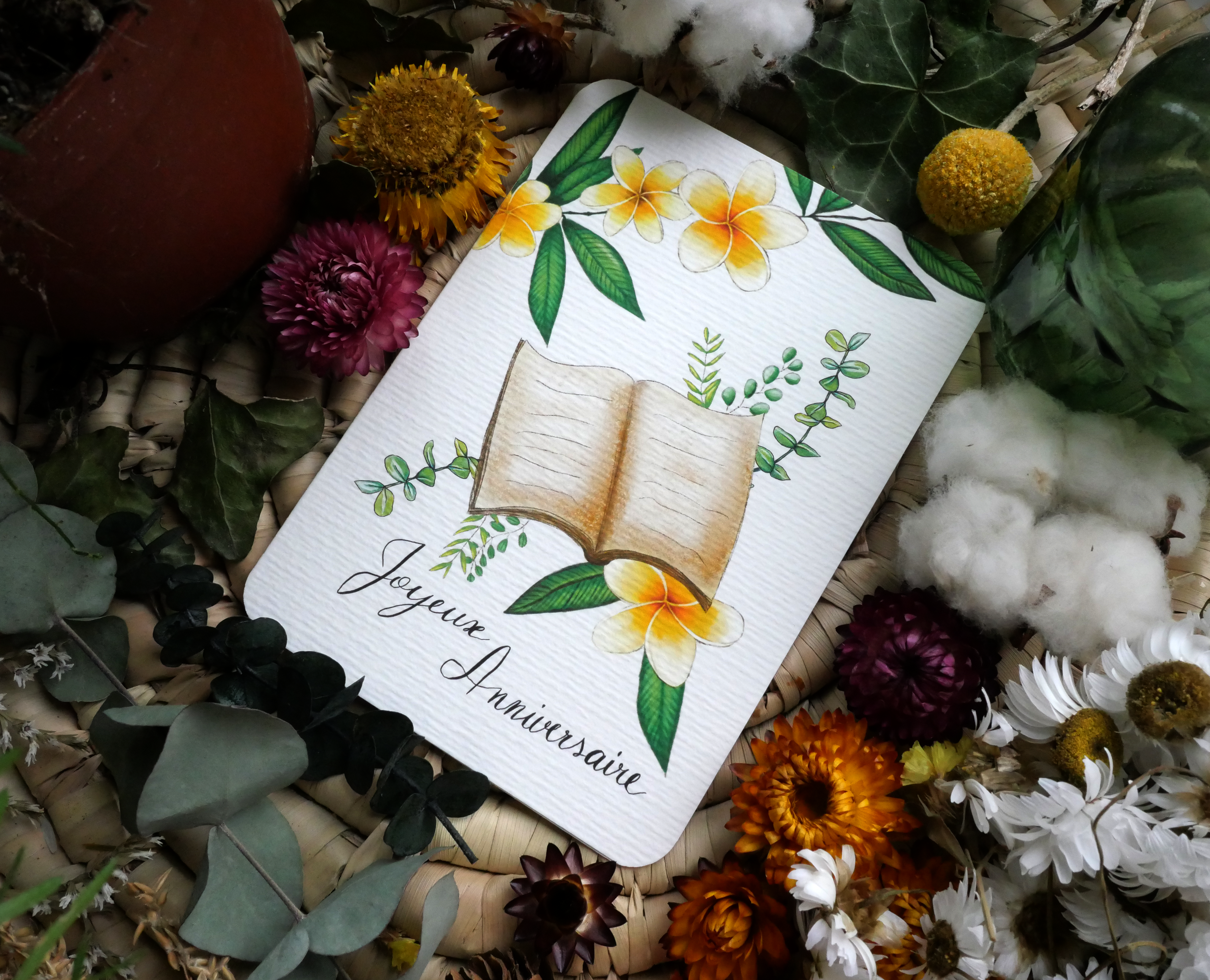 Carte Livre Fleur de frangipanier "Joyeux Anniversaire"