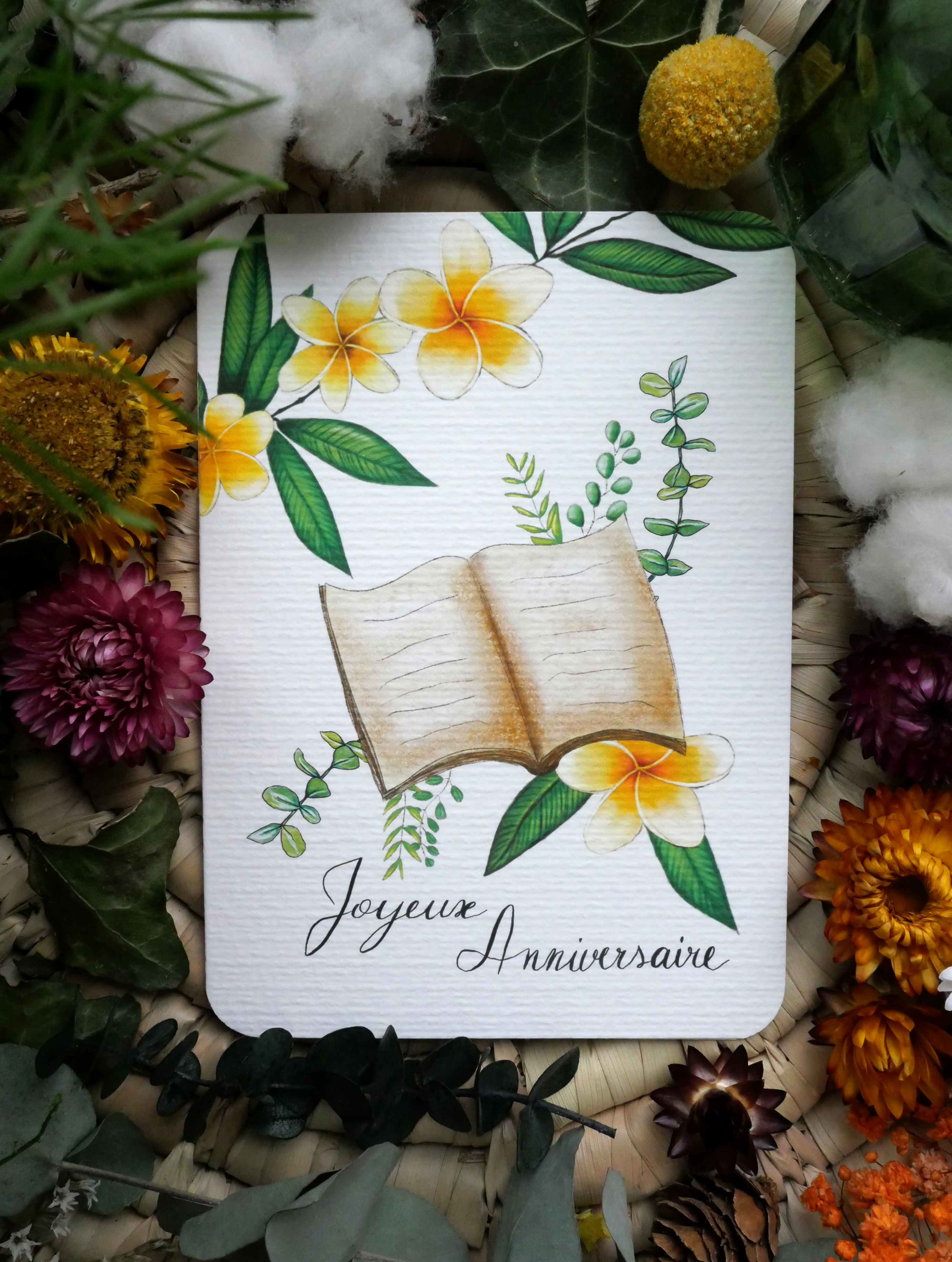 Carte Livre Fleur de frangipanier "Joyeux Anniversaire"