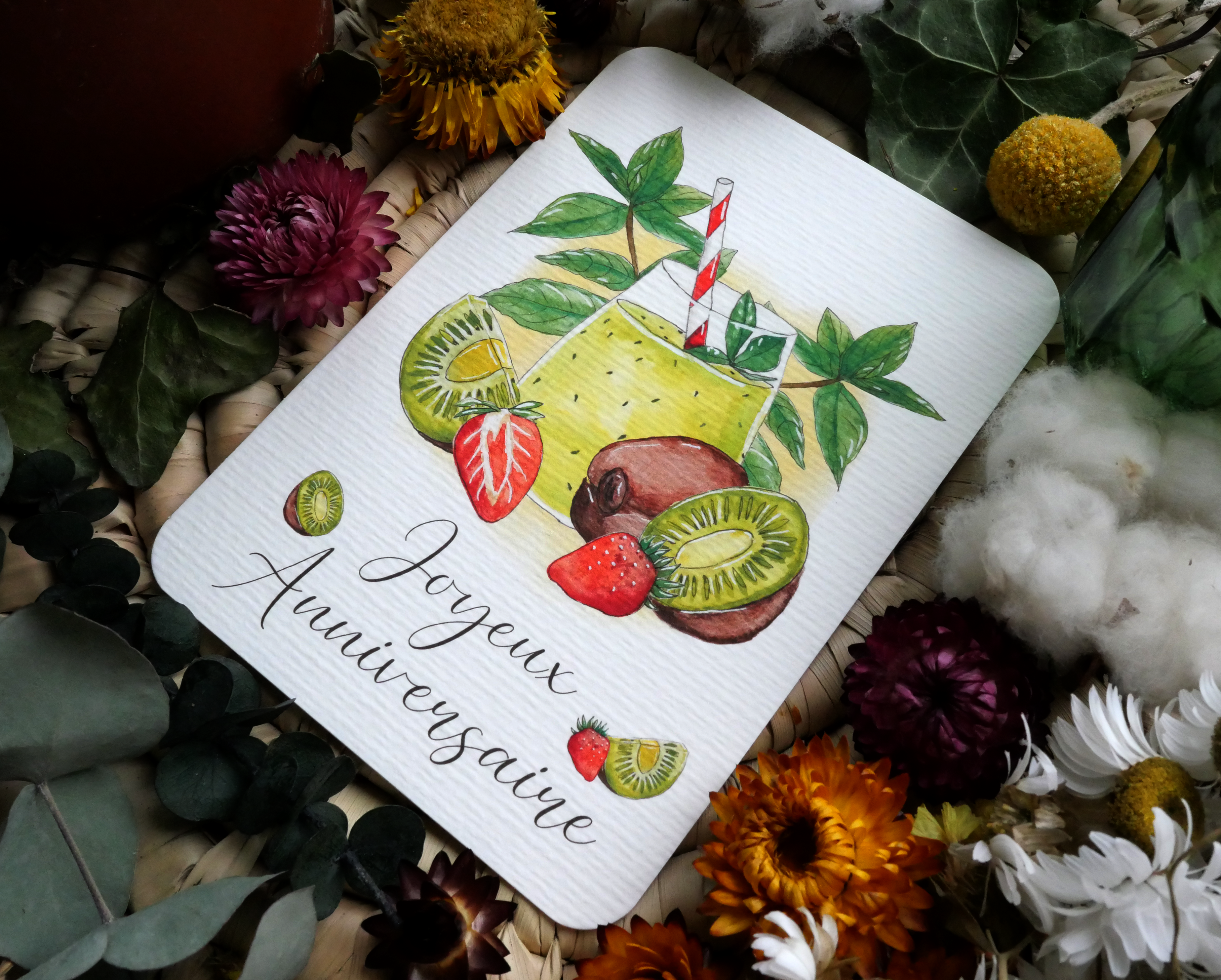 Carte Cocktail Kiwi Fraise "Joyeux Anniversaire"