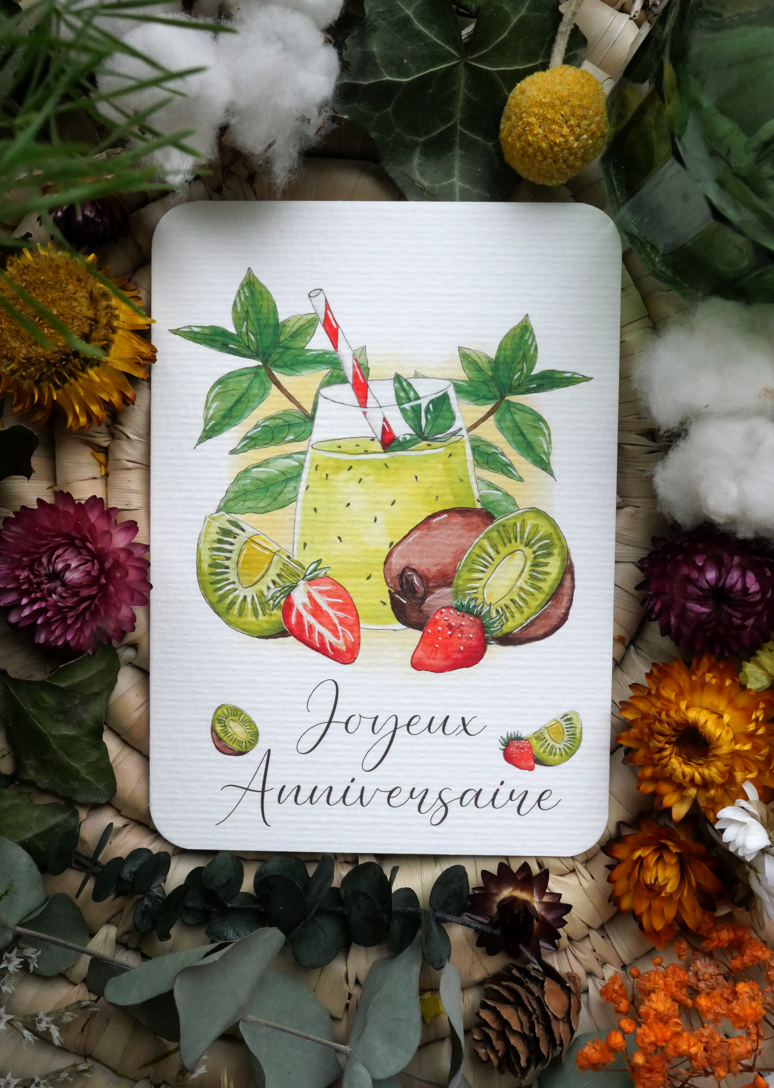 Carte Cocktail Kiwi Fraise "Joyeux Anniversaire"