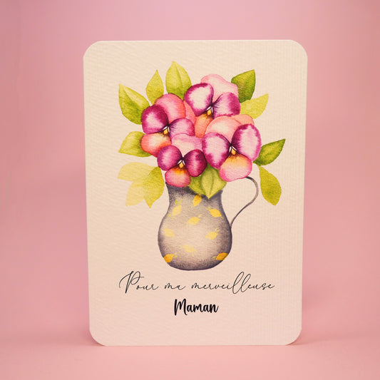 Carte vase de pensées "Pour ma merveilleuse Maman"